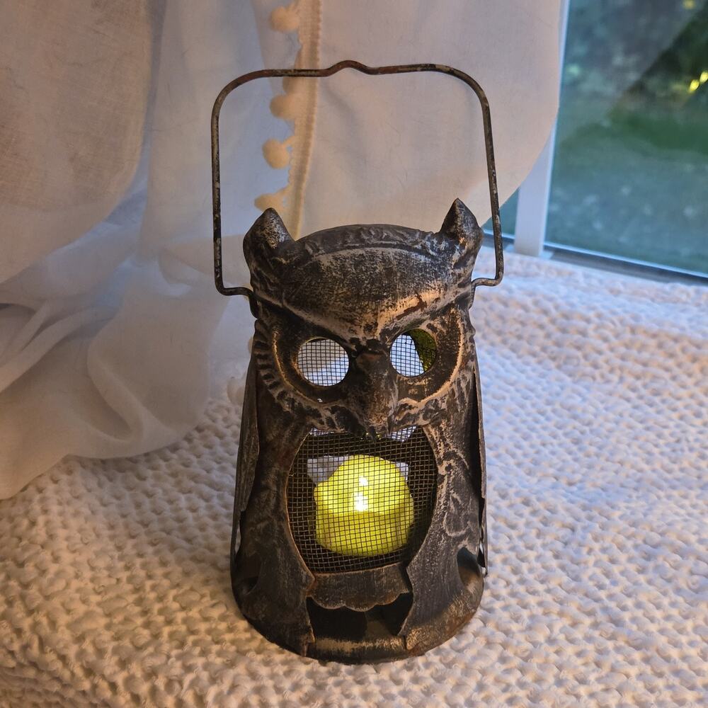 70s Vintage Metal Owl Halloween Candle Lantern Rustic Fall Decor